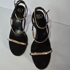 Jennifer Lopez Black Sandals with Gold Chain Trim Size 10 NWB